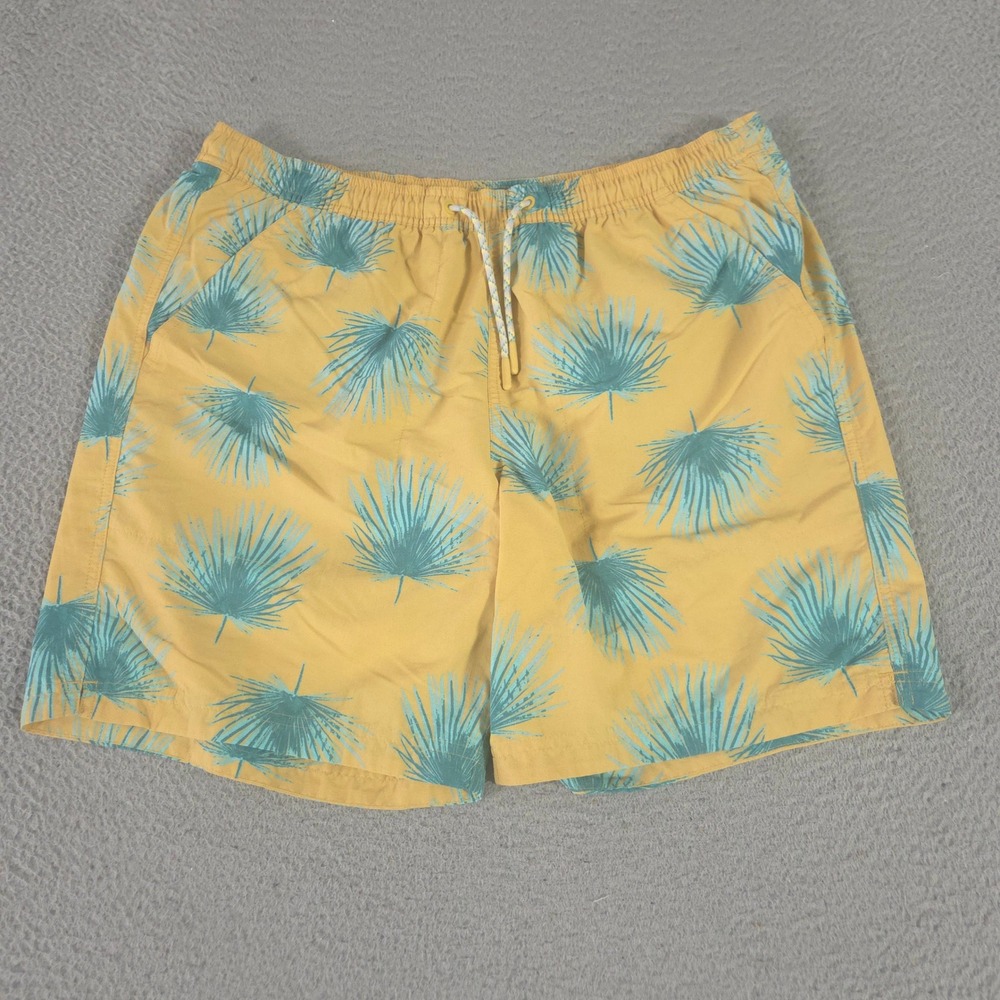 Eddie Bauer Shorts Mens L Yellow Tropical Palm Leaf Print Swim Trunks Mesh Lined